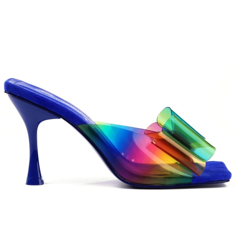 Rainbow Bow PVC Square Toe Heels BLUE - Picture 3 of 5